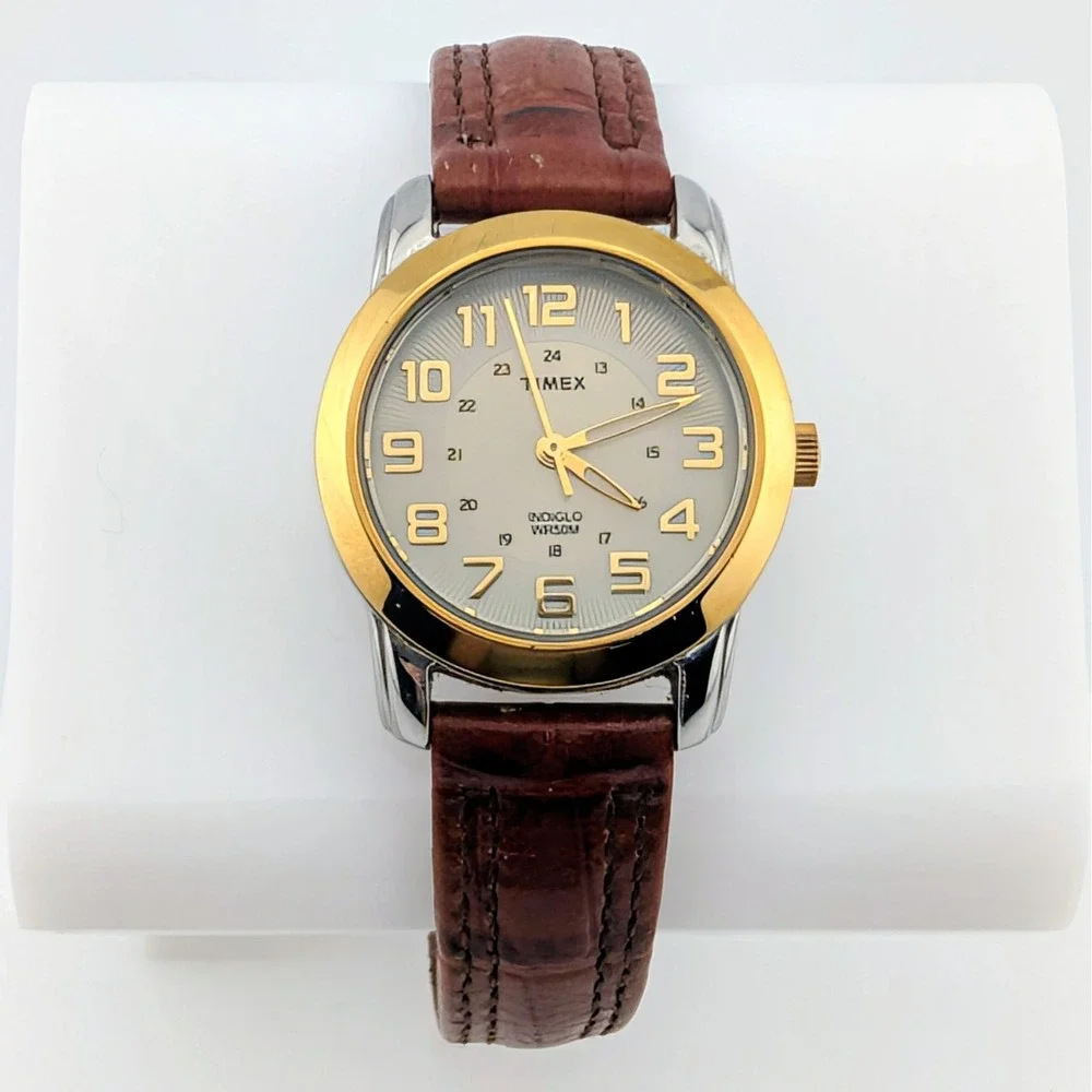 Timex Indiglo Two-Tone Women's Watch Radial Textured Dial Brown Leather 28mm